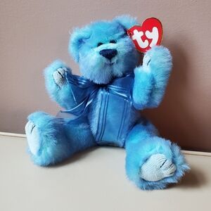 TY fuzzy blue bear stuffed animal plush Azure with bow and tags